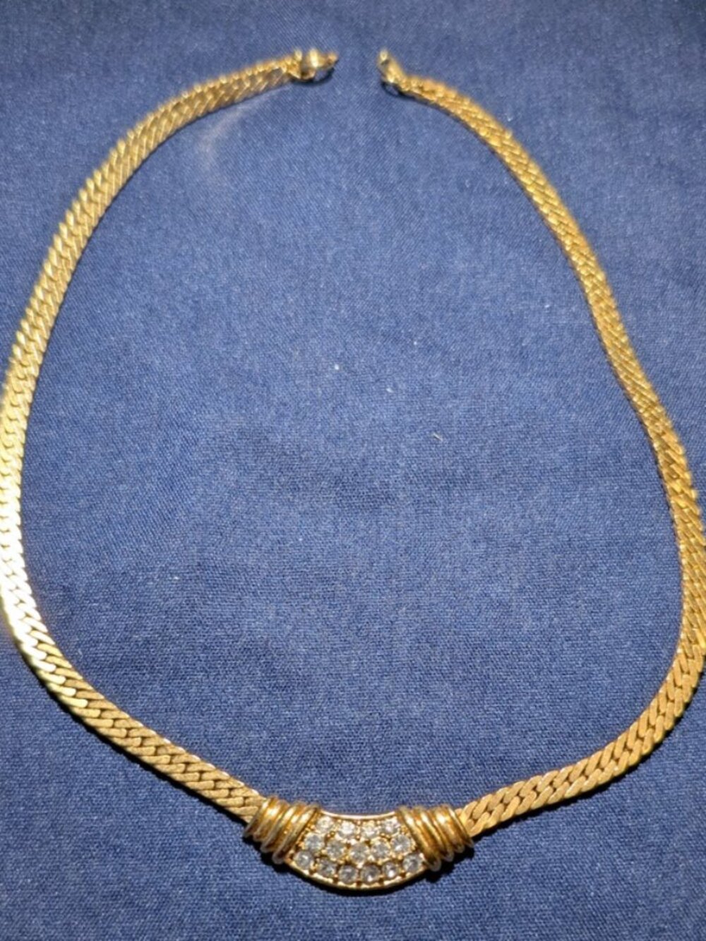 Vintage AVON Gold Herringbone Clear Rhinestone Pave Station Choker Necklace